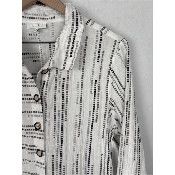 Habitat Button Down Shirt Women's Medium White Cotton Block Pattern Boho Artsy - Picture 2 of 13